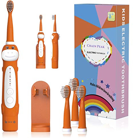 Dinosaur Electric Toothbrush, Kids Sonic Toothbrush for Children, Toddlers Boys Girls Age 3-12 with 30s Reminder, 2 Mins Timer, 5 Modes, 4 Brush Heads, Rechargeable, Wall-Mounted Holder