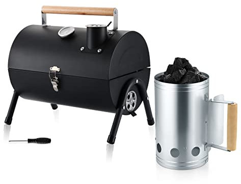 Tragbarer Holzkohlegrill, HaSteeL Mini-Grill, zusammenklappbar, Tischgrill mit Thermometer, schwarz, kompakter Grill mit Holzkohleanzünder, kleiner Outdoor-Grill für Camping, Hinterhof, Terrasse