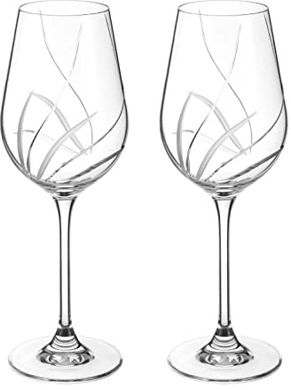 DIAMANTE White Wine Glasses Pair with ‘Meadow’ Collection Hand Cut Design - Set of 2 Crystal Wine Glasses