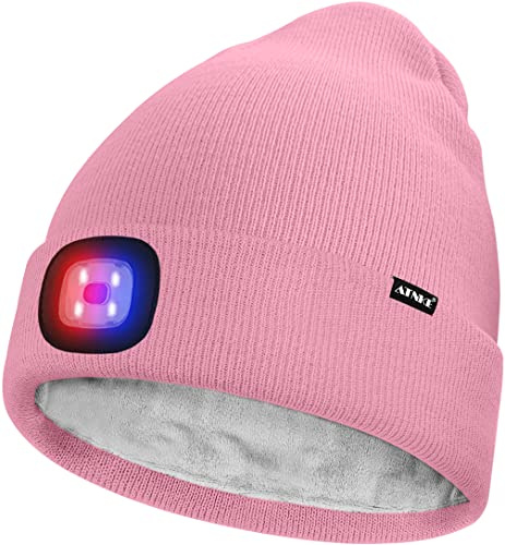 ATNKE Unisex LED Mütze mit Licht,Wiederaufladbare USB 4 LED Rot und Blau Leuchten Blinkender Laufmütze Lampe Warme Gefüttertes Fleece Stricken Mütze für Herren und Damen Geschenke