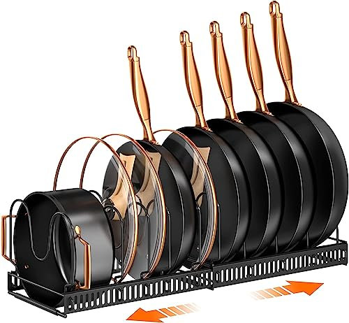 MUDEELA Töpfe und Pfannen Organizer: Rack für unter Schrank, Erweiterbare Topfdeckel Organizer Halter mit 10 verstellbarem Fach, Küchenschrank Organizer für Schneidebrett, Gusseisen Pfanne