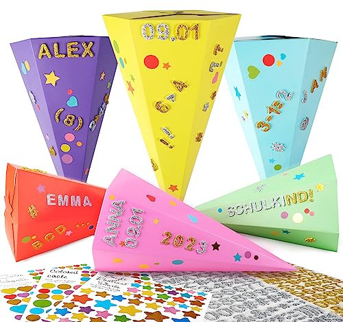 COLOFALLA 6 Stück Schultüte Klein 30cm Geschwistertüte zur Einschulung Geschwister Schultüte Mädchen Junge Zuckertüte Bastelset mit 5 Glitzer Aufkleber Schulanfang Schuleinführung