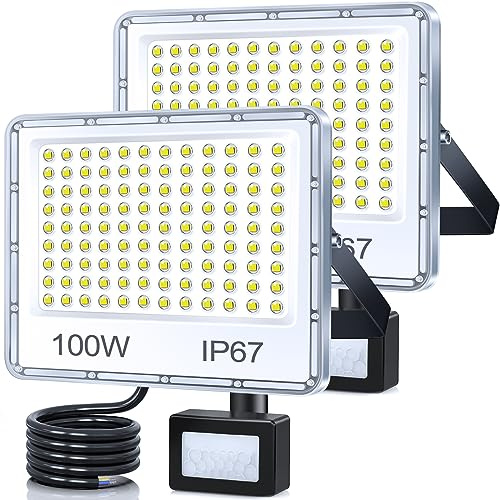 TASINUO LED Security Lights Outdoor Motion Sensor 100W 10000LM 2 Pack | 6500K Daylight PIR Security Light, IP67 Waterproof Flood Lights Outdoor Motion Sensor for Garden Patio Loft Yard Entrance