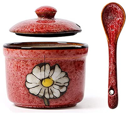 Azucarero de cerámica, tarro de especias, azucarero con tapa y cuchara, 5,6 oz (160 ml) Contenedor de azúcar Tarro de especias, servidor de sal Contenedor de sal-rojo-160 ml (color: rojo, tamaño: 160