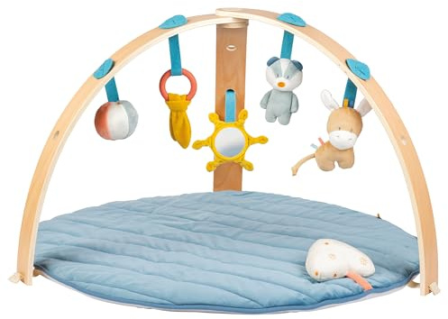 Nattou Krabbeldecke mit Holzbogen und verschiedenen Aktivitäten, Dachs Felix und Esel Leo, Aus Holz und Polyester, Ca. 80 cm, Felix und Leo, Blau