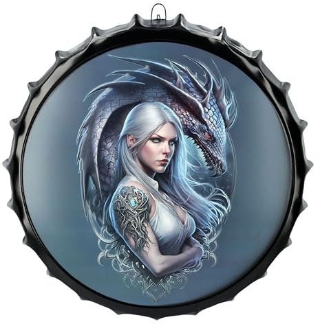 Figuren Shop GmbH Blechschild Kronkorken Drachen Kriegerin 42 cm - Schwarz Fantasy Wand Deko Schild Metallschild Gothic Blech Metall