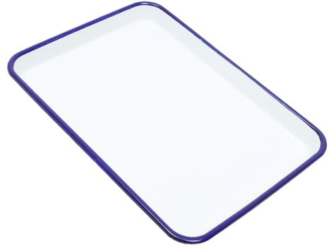 Garneck Enamelware Collection White Enamel Baking Cookie Sheet Pan with Blue Rim Rectangular Serving Tray Butcher Tray Dish 26x18cm for Home Kitchen