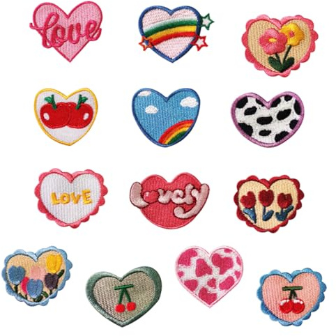 Voyyphixa 13 Stück Herz Patches Zum aufbügeln Patch Sticker Herz Niedlich DIY Kleidung Patches Aufkleber Bügelflicken für Bestickte Aufnäher Aufbügeln für Hut, Jeans, Jacken, DIY