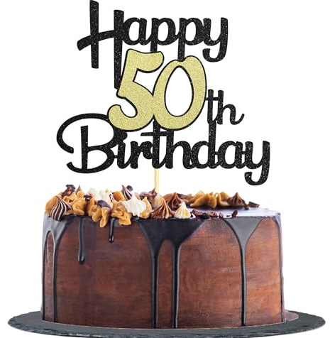 Sotpot 1PC Happy 50th Birthday Cake Topper Black Gold Glitter Cake Decoration for 50th Milestone Birthday Anniversary Party Supplies