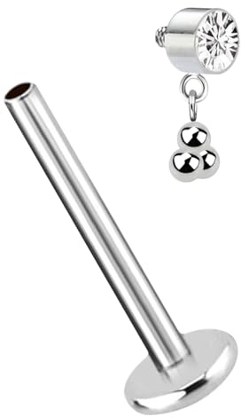 Ohr Piercing Labret Stecker in 1,2 mm und Steinplatte mit Kugel-Anhänger