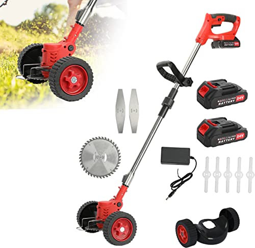 String Grass Trimmer Cordless, Electric Grass Trimmer and Edger, 24V Battery Strimmer Lawn Edger with 2x2.0Ah Batteries and Charger, Battery Operated Grass Trimmer, Brush Cutter, Weed Wacker (Red A)
