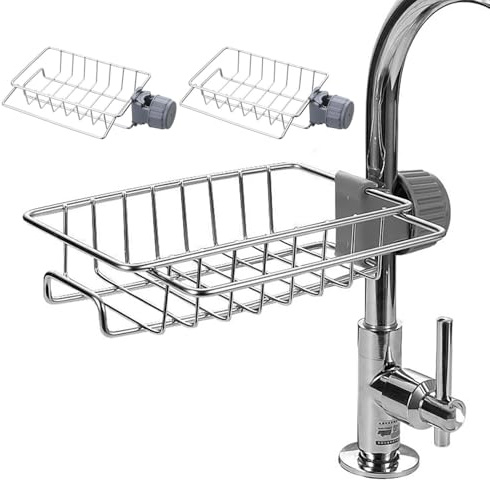 Wobestod 2 Stück Duschregal für Duschstange Schwammhalter Küchenarmaturen Duschregal ohne Bohren Edelstahl Shampoo Seifen Halterung Schwammhalter Organizer für Küche