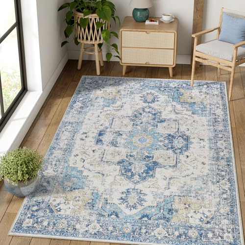 TOPICK Tapis Moyen Salon Chambre Élégant Bleu Vintage 80x120cm, Tapis Interieur Entree Couloir Cuisine Paillasson à Poils Courts Antidérapant Lavable en Machine