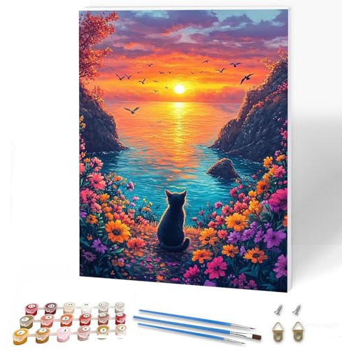 KEYIFA Malen Nach Zahlen Erwachsene mit Rahmen, Katze und Blumen Malen Nach Zahlen Kits mit Pinseln und Acrylfarben, DIY Ölgemälde Set Malen Basteln Leinwand Bild Erwachsene, Home Deko 30x40cm