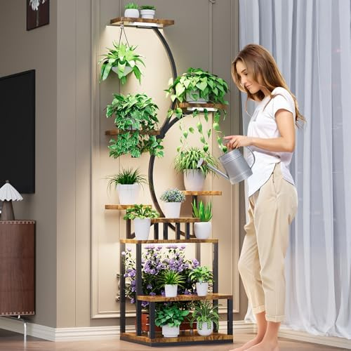 Bvewg 66 Tall Metal Plant Stand Indoor with Grow Lights, 9 Tiered Large Plant Shelf Display Rack Holder, Multi-Purpose Plant Stands S-Shaped for Home, Living Room, Patio