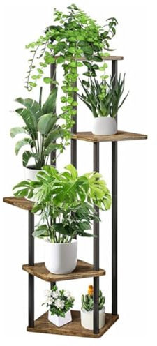 DODOBD 5 Niveaux Support Plantes en Métal Bois,Porte Plante Interieur Exterieur,étagère Plante Meuble,Support de Plante,Supports de Pots de Fleurs,Décoratif Présentoir pour Salon Balcon