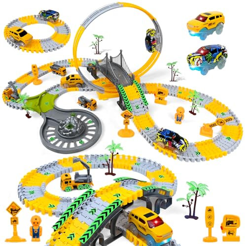 PATEMZON Circuit Voiture Enfant, Piste de Course de Construction, avec Voitures Electriques, Ensemble de Circuit Flexible, Ingénierie Jouets, Educatif Cadeau pour 3 4 5 6 Ans Garçons Filles