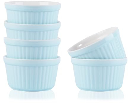 Creme Brulee Bowls, Pack of 6, 200 ml Souffle Moulds, Oven Safe, Cream Brulee Ramekin Soufflé Cups for Baking, Creme Brulee Bowls, Ceramic Moulds Oven Safe Cases (Blue)