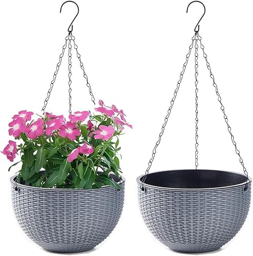 Youning Blumenampel Hängend Außen und Innen Kunststoff Hängetopf für Pflanzen 2 Stück Blumentopf Hängend Hängeampel mit Kette Selbstbewässerung Hängepflanztöpfe für Blume Decken Balkone Garten (Grau)