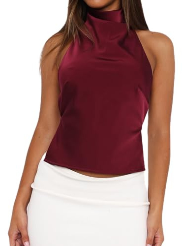 Qtinghua Women Y2k Halter Neck Satin Top Sleeveless Mock Neck Open Back Tank Tops Trendy Backless Going Out Cami Blouse Streetwear (Claret, S)