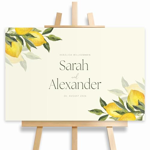 HEI Print Willkommensschild Hochzeit mit Zitronen, Datum und Namen, personalisierte Hochzeitsdeko, Aufsteller Willkommen Schild, Zitronenzweig, Leinwand, 60x40