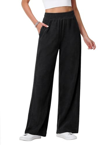 HMIYA Cordhose Damen Weites Bein Elegant Freizeithose Baumwolle Elastische Stoffhose Hohe Taille Palazzohose mit Taschen,Schwarze,M