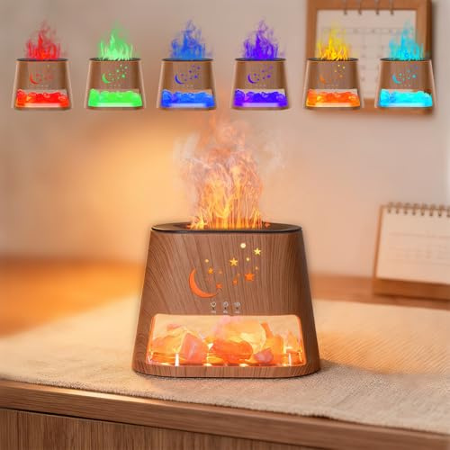 Aroma Diffuser mit Salt Range Pakistan & Salzkristalllampe, 7-Farben LED Flammeneffekt Diffusor für ätherische Öle, Ultraschall Luftbefeuchter, 150ml, BPA-Frei, Automatisch Abschalten (Holzmaserung)