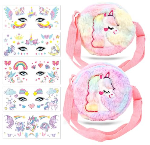 KASESSS 2 Stück Einhorn Tasche, Handtasche Mädchen, Klein Umhängetasche Mädchen, Plüsch Kindertasche, Süß Crossbody Bag, Kinder Sling Bag, Einhorn Umhängetaschen mit 5 Face Sticker (Rosa,Lila)