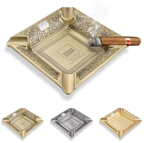 CLZOONG Cendrier à cigares Cendriers métallique d'extérieur avec 4 supports à cigares et sculptures raffinées, grande capacité unique pour l'extérieur et l'intérieur, pour hommes (gold)