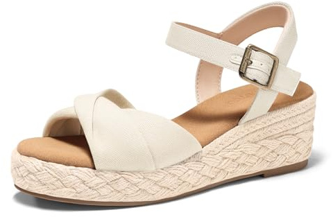 Coutgo Womens Platform Wedge Heels Sandals Espadrilles Open Toe Ankle Strap Twist Canvas Summer Beach Shoes, Beige, size 6.5