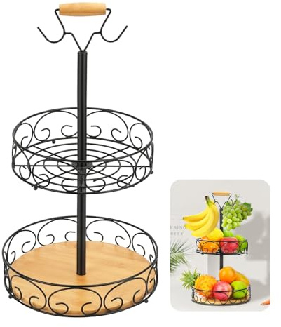 DIBALIYI 2 Tiered Fruit Basket, Metal Wire Fruit Bowl with Banana Hanger, Vegetable Storage Bowl, Countertop Basket Rack, Kitchen Storage Stand for Snacks Breads, Black
