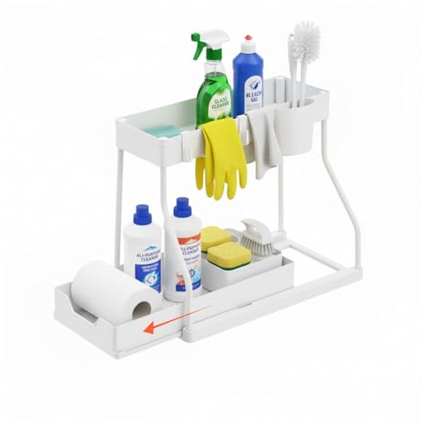 Avilia Organizer Sottolavello Estraibile a 2 Livelli - Cassetto Scorrevole Salvaspazio con Secchiello Laterale e 4 Ganci - Supporto Multiuso per Detergenti e Spugne - per Cucina, Bagno e Lavanderia