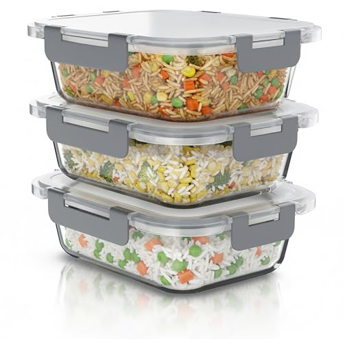Arendo - Lunchboxen Glas - Frischhaltedosen für Lebensmittel mit Deckel luftdicht - 3er Set - 1000 ml - für Mikrowelle Ofen Gefrierschrank - Spülmaschinen geeignet - Vorratsdosen Meal Prep Boxen Set