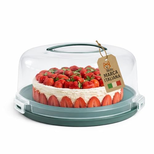 AKITAInk Porta Torta con Coperchio e Manico 28 cm - Campana Trasparente con 3 Chiusure di Sicurezza, Base Verde con Scomparti Portamuffin, H 15 cm