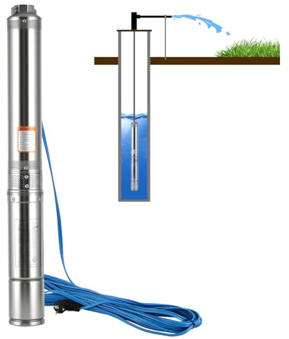 Eikuavons Tiefbrunnenpumpe 0,75 kW Brunnenpumpe Eingebauten Kondensators, Tauchpumpe Rohrpumpe mit 20 m Verbindungskabel, Lieferhöhe Max.67 m, Wasserpumpe Unterwasserpumpe