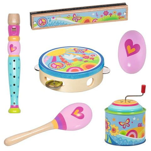 goki 6640 - Musikset rosa mit 6 Teilen, Einsteiger Musikinstrumente Spieldose, Mundharmonika, Tamburin, Blockflöte, Maracas, Egg Shaker, buntes goki66 Design, musikalisch Förderung ab 3 Jahre