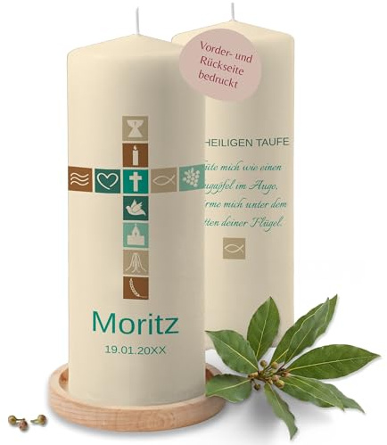 Taufkerze - Taufe mit Kreuz Name Datum - Taufgeschenk personalisierte Geschenk Deko - 230/78 mm - Elfenbein