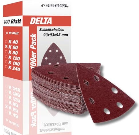 Delta-Schleifdreiecke mit Klett, Korn 60, 100 Stück, 93 x 93 x 93 mm, 6 Löcher, für Deltaschleifer & Multischleifer, Schleifpapier, Staubabsaugung