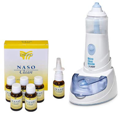 TERME DI TABIANO Doccia Nasale RHINO CLEAR MOBILE con 12 Flaconcini NASOCLEAN 15 ml – Kit Lavaggio Nasale Quotidiano con Acqua Termale di Tabiano - Adatta per Adulti e Bambini