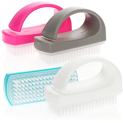 com-four® 4 spazzole a Mano – Spazzola per Unghie con Manico – Spazzola per Lavaggio a Mano, Spazzola per la Pulizia in Blu, Bianco, Rosa e Grigio (04 Pezzi, Mix di Colori 3)