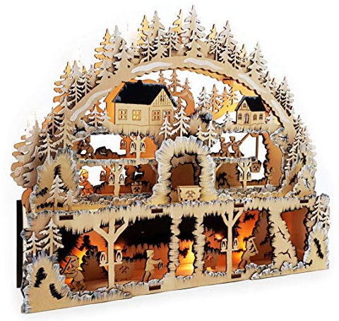 Wichtelstube-Kollektion XL Holzkunst LED Schwibbogen Bergwerk Lichterbogen Schwippbogen Weihnachtsdeko Fenster Holz, Batteriebetrieben inkl. Timer, 49cm Breite