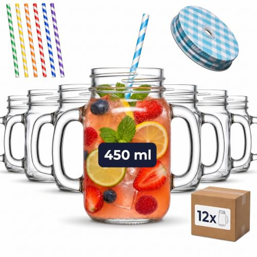 gouveo 12er Set Trinkglas 450 ml (0,45 l) mit Henkel und Schraubdeckel silberfarben + blau – Henkelglas mit Mehrweg-Trinkhalm aus Hartkunststoff für Garten, Bowle, Cocktails (TGH450SB)