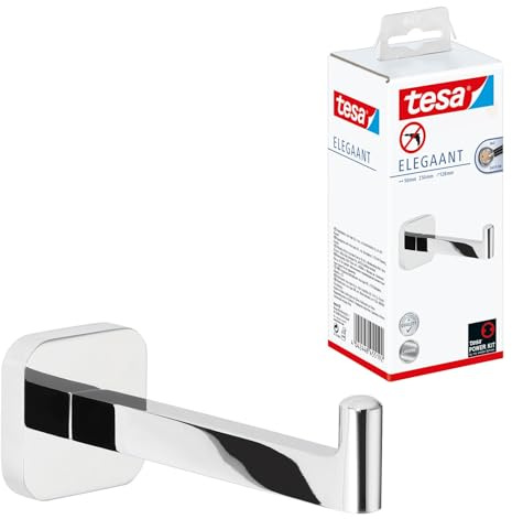 tesa ELEGAANT Ersatzrollenhalter - 50 mm x 50 mm x 128 mm | Toilettenpapier-Aufbewahrung zur Wandbefestigung ohne Bohren - aus verchromtem Metall - inkl. Klebelösung