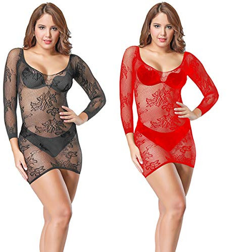 2 Pack Vestido Sexy Semitransparente para Mujer, Mangas Largas Mini Corta Falda Cadera de Rejillas Ajustada Bodycon de Club Fiesta con Mallas Lencería Erótica