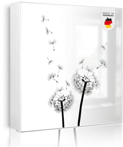 banjado Großer Schlüsselkasten Metall - Schlüsselbox 30x30cm beschreibbarer mit 32 Haken - Schlüsselkasten modern für Schlüsselaufbewahrung - Korpus Weiß Scharnier Links - Motiv Pusteblume 2
