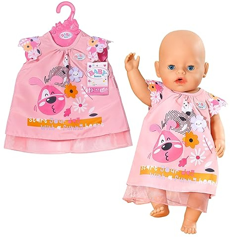 BABY born 833612 Kleid Hund 43cm - Hellrosa Puppenkleid mit blumigen Ärmeln und Hundemotiv inkl. Kleiderbügel
