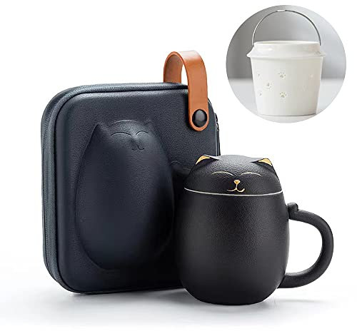 Entonic Cat Mugs with Infuser and Lid, Cute Tea Cups Kawaii Mug in Ceramic for Steeping Loose Leaf, Handmade Porcelain Teacup Teapot for Home Office, Portable Shatterproof Case 350ML (Black)