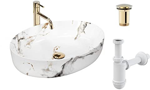 ECOLAM® Aufsatzwaschbecken 55 x 41 x 14 cm Handwaschtisch Waschbecken Waschschale Steinmuster Marmor-Effekt oval + Click-Clack gold glänzend + Siphon