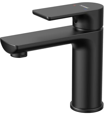 Krobec Einhebelmischer wasserhahn bad,waschtischarmatur mit Wassersparfunktion,wasserhahn gäste wc,con Flessibili Acqua Calda Fredda 3/8 Pollici da 45 cm,Messing,Keramikventileinsatz(Mattschwarz).