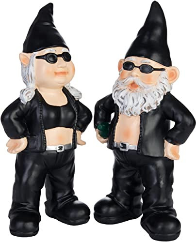 BRUBAKER Gartenzwerge Set Biker Mann und Frau Schwarz - Rocker Zwerge mit Sonnenbrille - Gartenfigur Lustig - Dekoration Wetterfest für Garten Campingplatz - Gartendeko für außen
